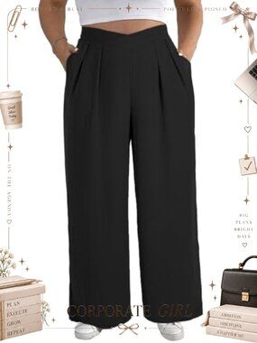 Plus Size Wide Leg Dress Pants High Waist Pleated Front Pull On Trousers